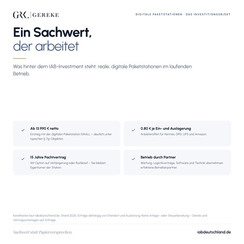 Infografik: Digitale Paketstation als Sachwert &ndash; ab 13.990 Euro netto, 0,80 Euro je Ein- und Auslagerung, 15 Jahre Pachtvertrag, Betrieb durch Partner
